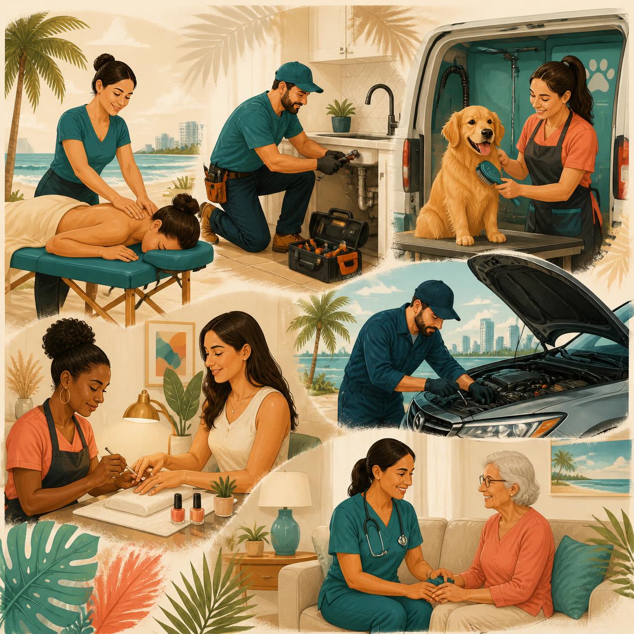 Mobile professionals across South Florida — massage therapist, handyman, mobile groomer, nurse, mechanic, and beauty pro serving clients at home